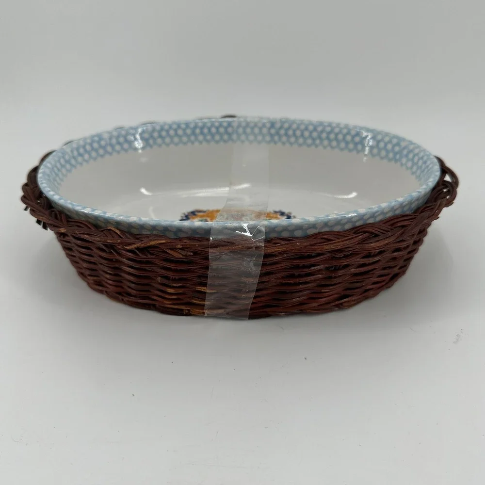 Oval Ceramic Baking Dish Wicker Basket Carrier Country Cottage Blue Polka Dot